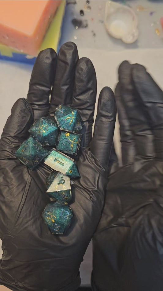 Secret Listing Blue and Gold Constellation dice set